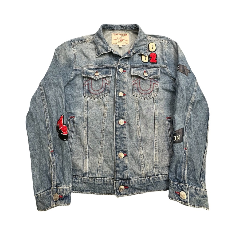 True Religion Jesse SN Patch Trucker Jacket Men Medium Light Wash Denim Workwear